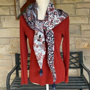 Elegant Floral Scarf in Blue and Rust